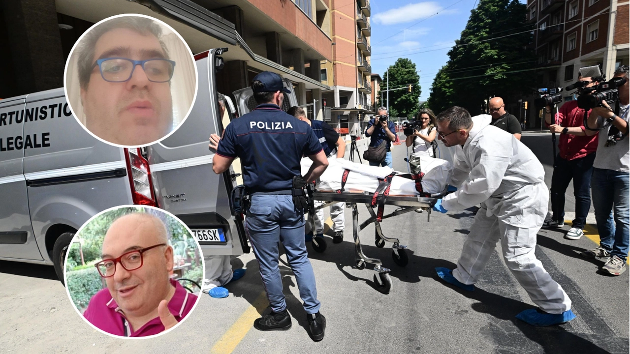 Duplice omicidio a Bologna, vengono portate via le salme. Nei tondi le vittime: sopra Luca Gombi, di Bologna e sotto Luca Monaldi di Arezzo (fotoSchicchi)