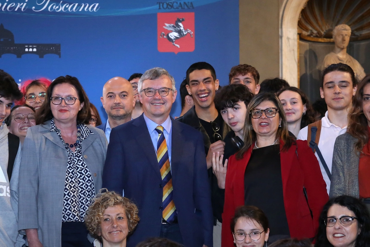 Il professor Alessandro Barbero nel Salone dei Cinquecento a Firenze per l'evento in ricordo dei Martiri di Fiesole (New Press Photo)