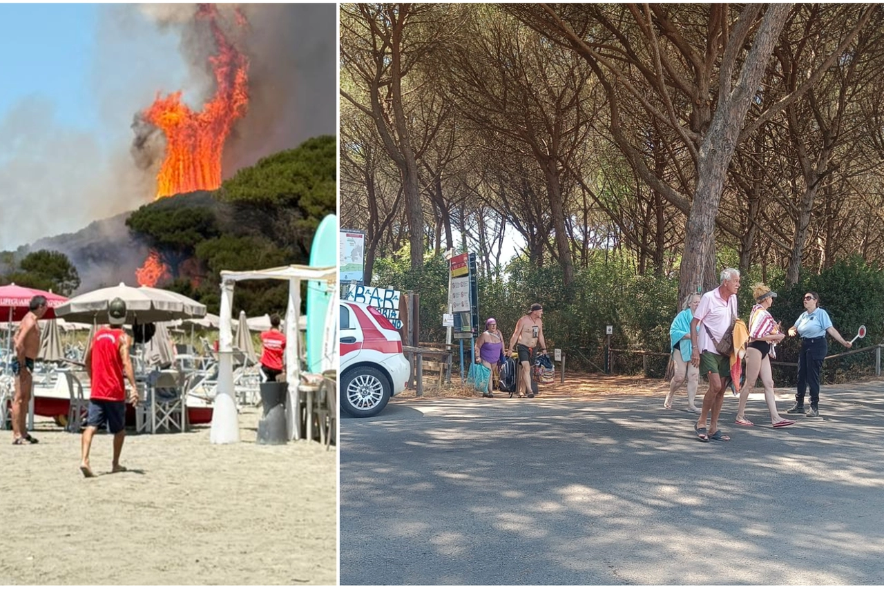 Incendio nella pineta tra Follonica e Puntone, la fuga dei bagnanti dalla spiaggia (Foto Paolo Agostini)