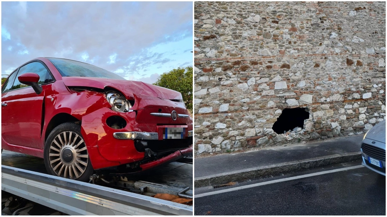 A sinistra l'auto coinvolta, a destra il buco nel muro del fabbricato A sinistra l'auto coinvolta, a destra il buco nel muro del fabbricato