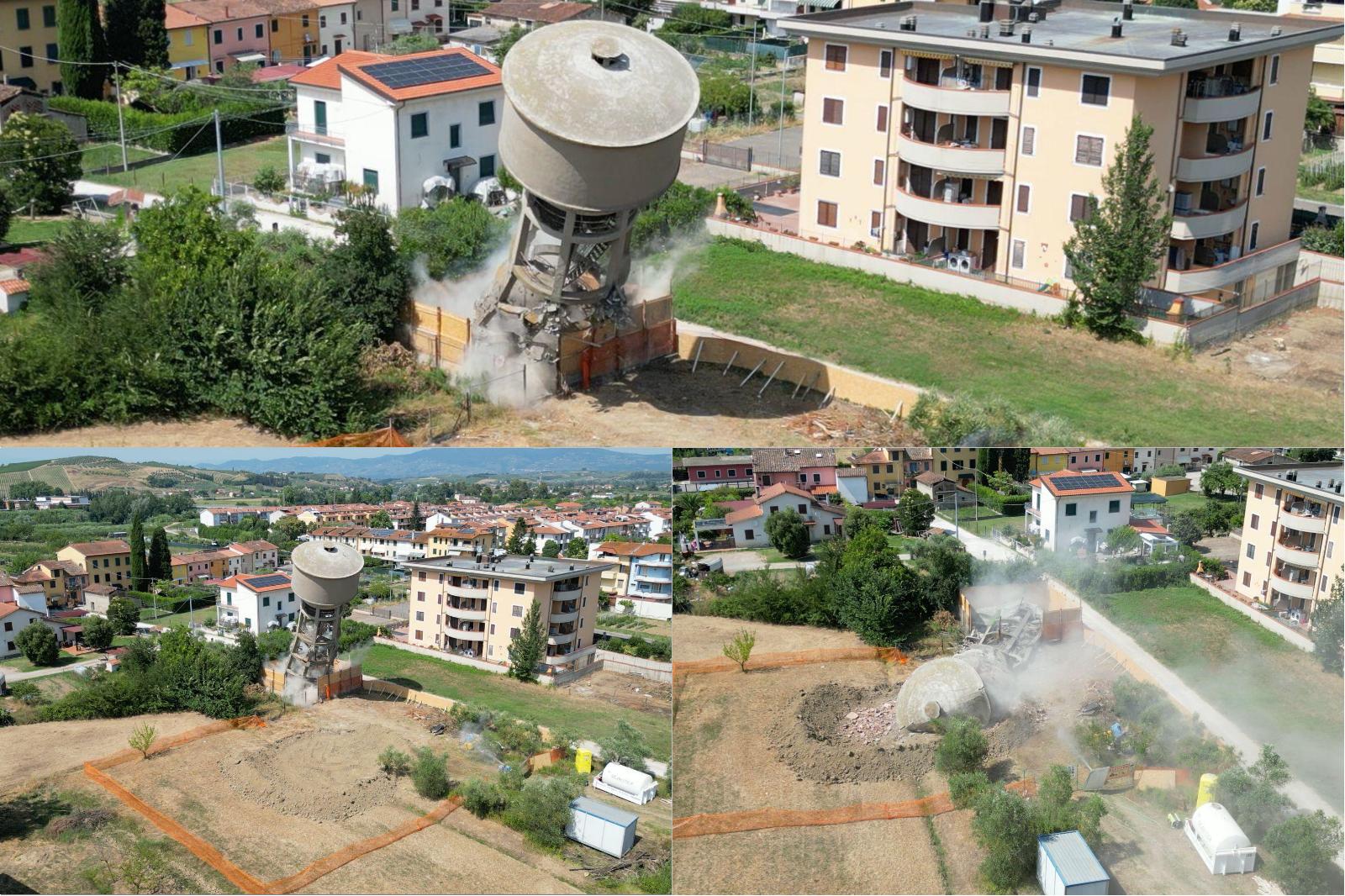 Abbattuta la torre idrica a Empoli, il gigante di cemento crolla in pochi secondi Abbattuta la torre idrica a Empoli, il gigante di cemento crolla in pochi secondi