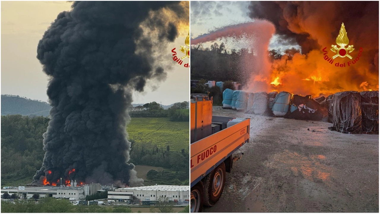 Due momenti dell'incendio accaduto nella zona industriale di Umbertide
