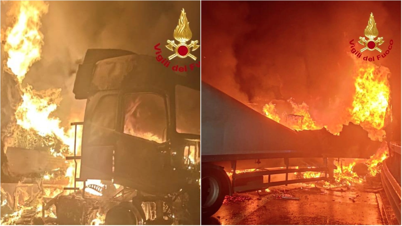 L'incendio nella notte che ha completamente distrutto un tir lungo l'autostrada