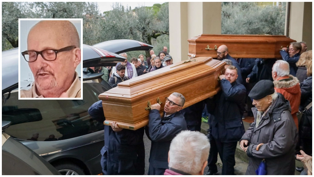 I funerali della coppia (Fotocronache Germogli). Nel riquadro Umberto Della Nave, una delle due vittime I funerali della coppia (Fotocronache Germogli). Nel riquadro Umberto Della Nave, una delle due vittime