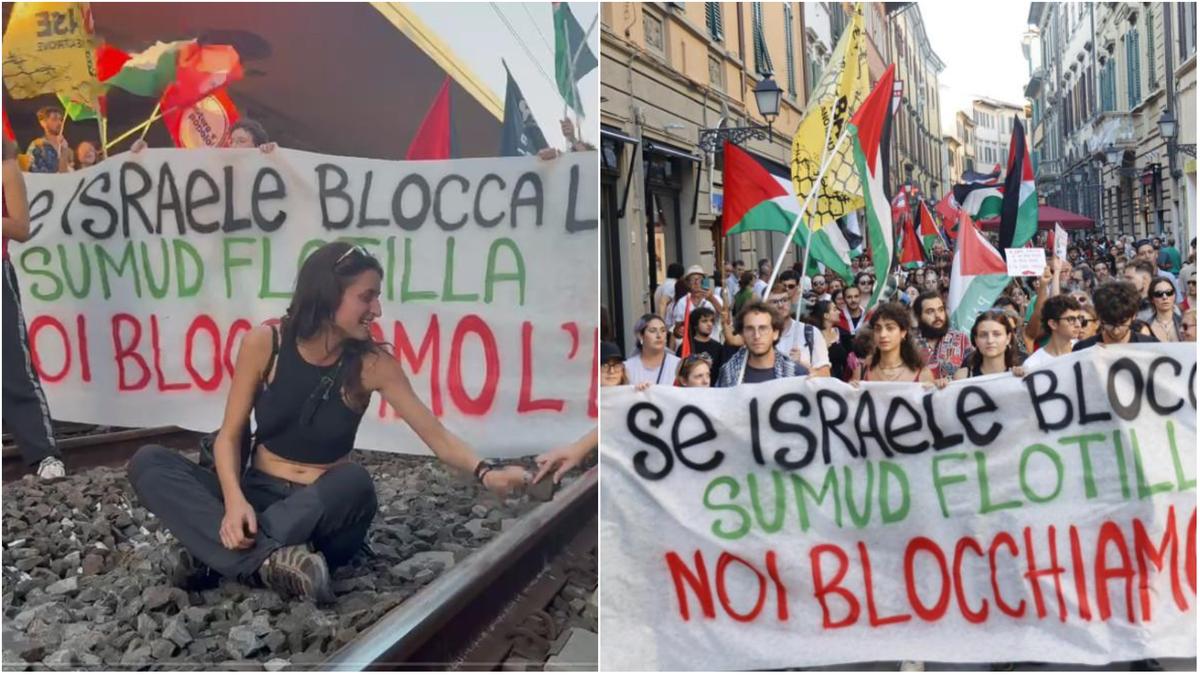 Stazione bloccata, corteo sui binari: Pisa, manifestazione per Gaza e la Sumud Flotilla