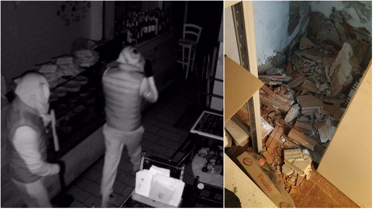 Due dei malviventi entrano da "Schiacciavino" in via Pisana. A destra, la cassaforte smurata e i danni provocati dalla banda, che ha portato via l'incasso della settimana Due dei malviventi entrano da "Schiacciavino" in via Pisana. A destra, la cassaforte smurata e i danni provocati dalla banda, che ha portato via l'incasso della settimana