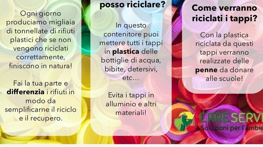 Tutti i tappi raccolti vengono riciclati, in cambio penne per gli studenti