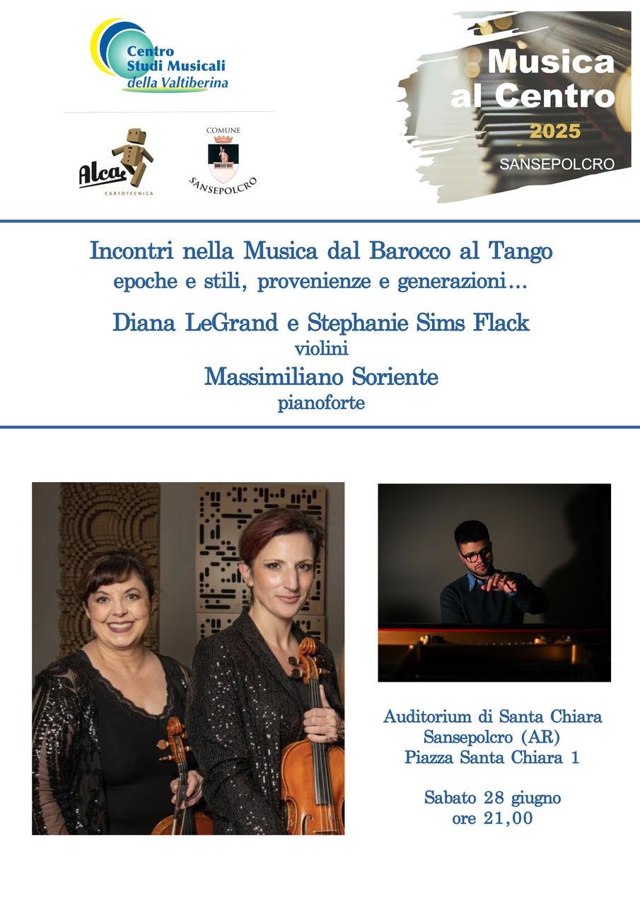 diana legrand e stephanie sims flack ai violini e massimiliano soriente al pianoforte sabato 28 giugno ore 21 auditorium di santa chiara