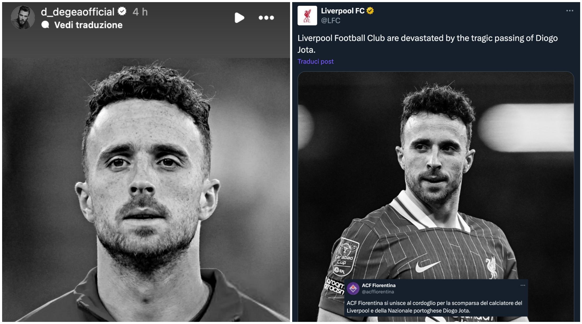 Morte Diogo Jota, De Gea e la Fiorentina si uniscono al cordoglio del mondo del calcio