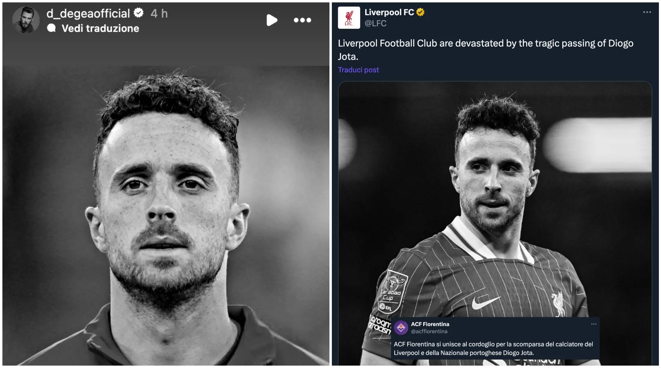 Morte Diogo Jota, De Gea e la Fiorentina si uniscono al cordoglio del mondo del calcio