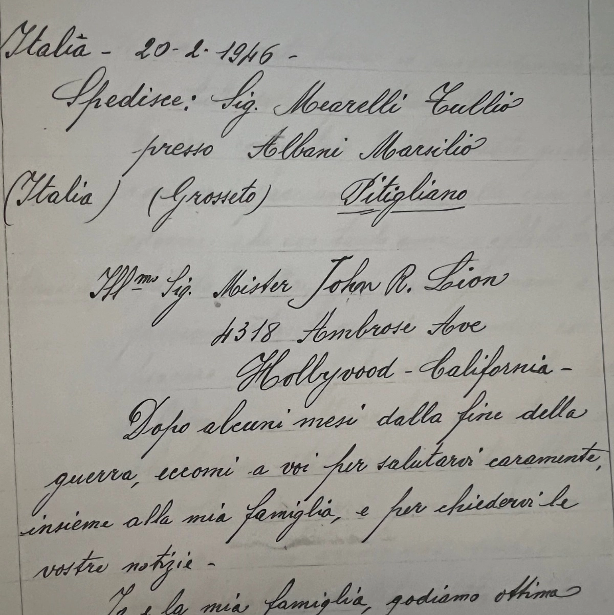 La lettera partita da Pitigliano e spedita negli Stati Uniti