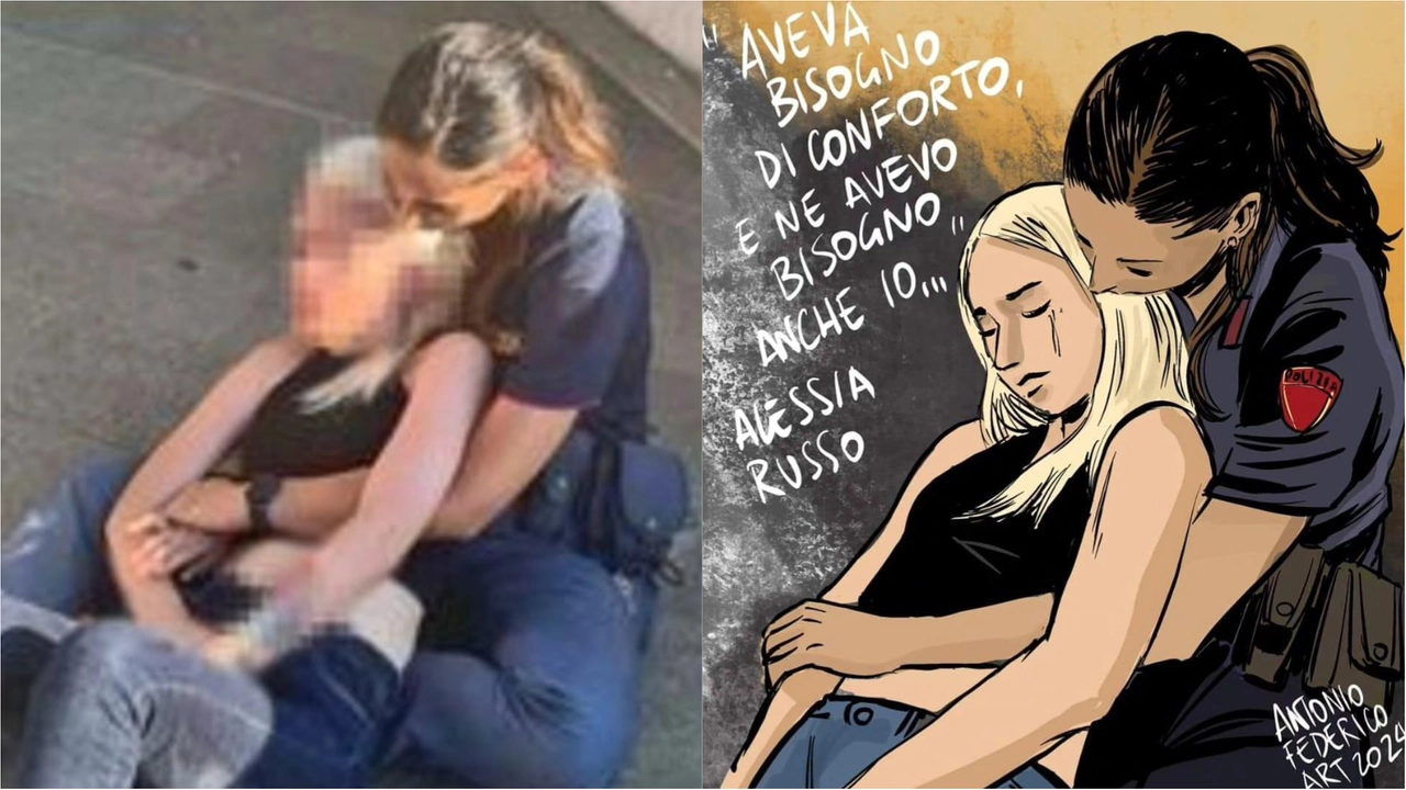La foto della poliziotta con la ragazza salvata e il fumetto di Antonio Federico La foto della poliziotta con la ragazza salvata e il fumetto di Antonio Federico
