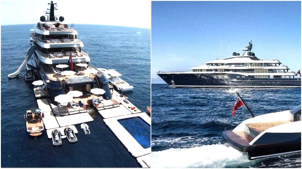 Due immagini dello yacht approdato all'Argentario e che può "apparecchiare" un vero e proprio stabilimento balneare Due immagini dello yacht approdato all'Argentario e che può "apparecchiare" un vero e proprio stabilimento balneare