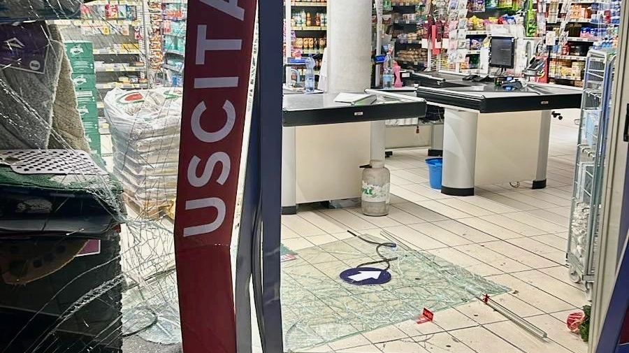 La porta a vetri sfondata nella notte dai ladri con un’auto in retromarcia La porta a vetri sfondata nella notte dai ladri con un’auto in retromarcia
