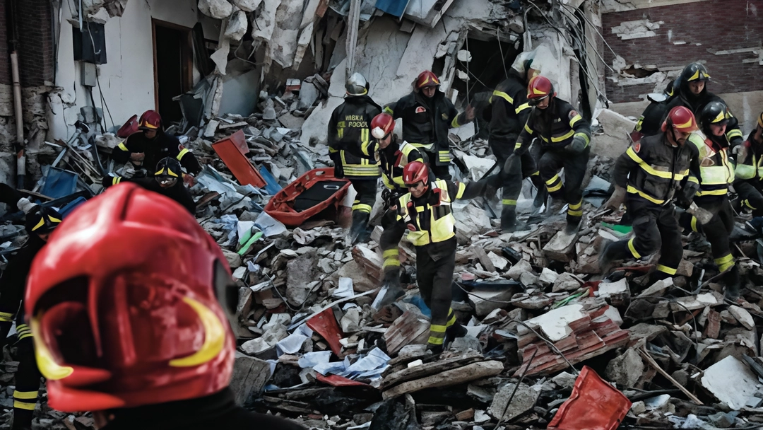 Soccorritori tra le macerie dopo le scosse che hanno devastato l’Abruzzo Soccorritori tra le macerie dopo le scosse che hanno devastato l’Abruzzo