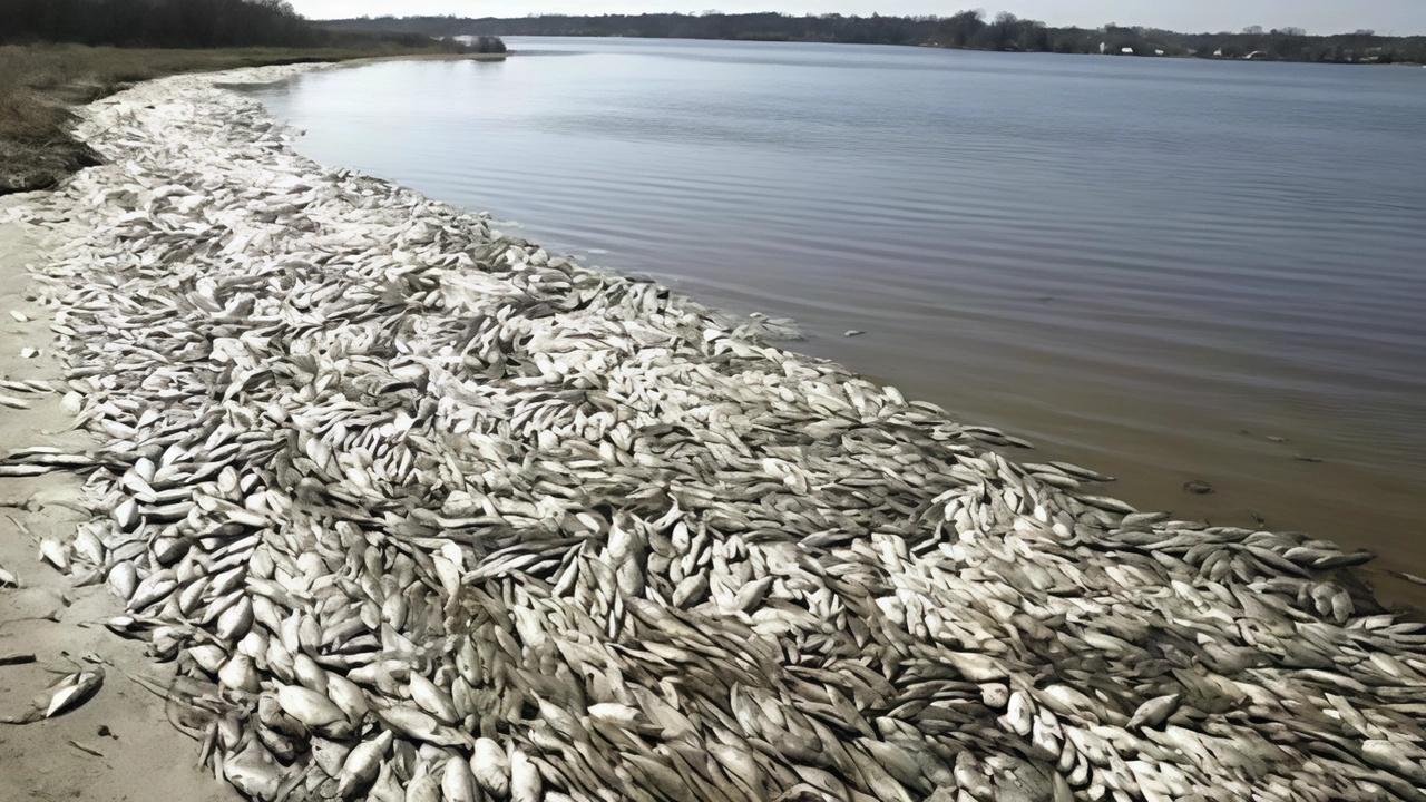 Nella foto sopra migliaia di carcasse di pesce che si sono accumulate sulla riva della laguna e che devono essere rimosse Nella foto sopra migliaia di carcasse di pesce che si sono accumulate sulla riva della laguna e che devono essere rimosse