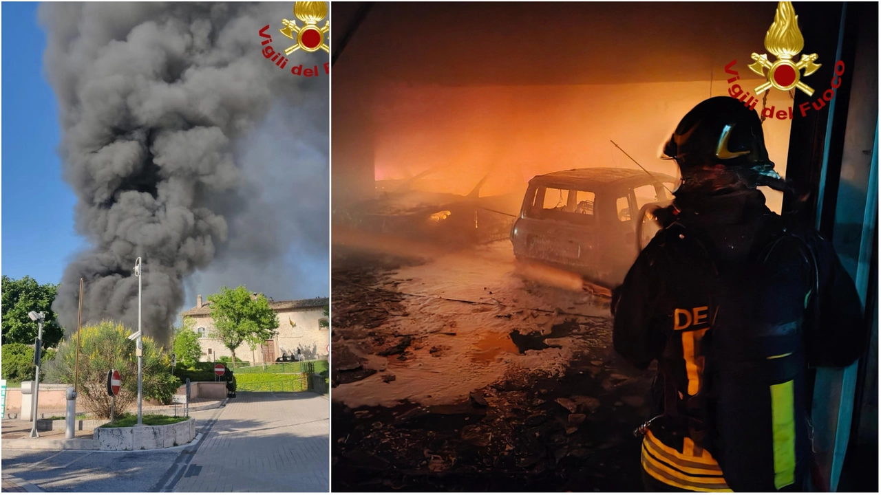 La scena dell'incendio: a sinistra la colonna di fumo, a destra l'interno del parcheggio devastato La scena dell'incendio: a sinistra la colonna di fumo, a destra l'interno del parcheggio devastato
