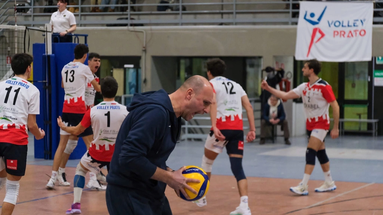 L'esultanza di Mirko Novelli, tecnico del Volley Prato