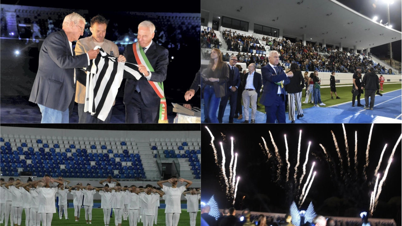 Quattro momenti dell'inaugurazione dello stadio a Viareggio: anche i fuochi d'artificio al taglio del nastro (Foto Umicini)
