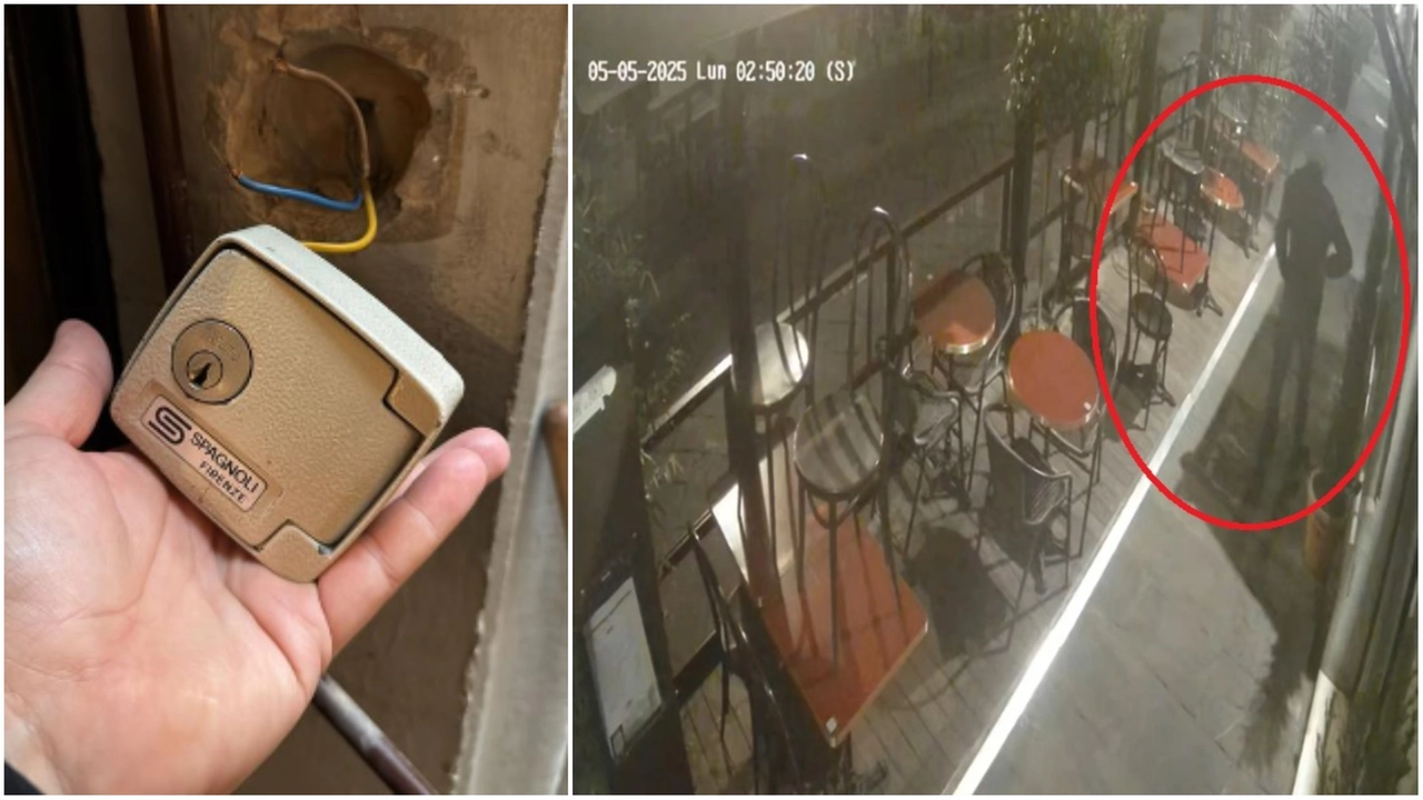 A sinistra il bandone forzato; a destra un frame dalle riprese delle telecamere di sicurezza A sinistra il bandone forzato; a destra un frame dalle riprese delle telecamere di sicurezza