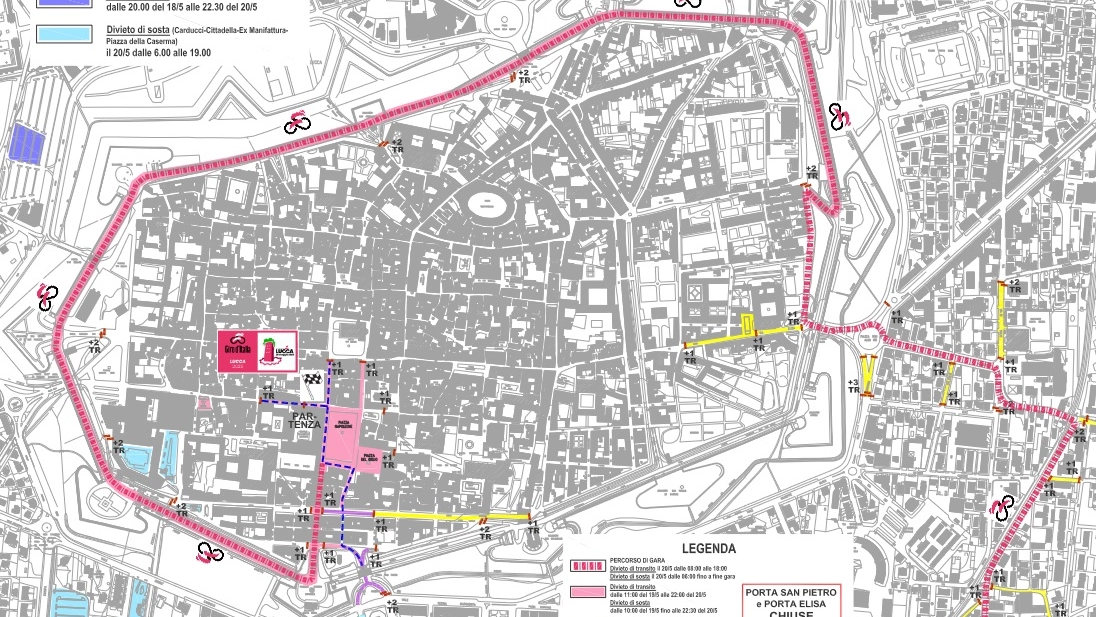 In rosa il percorso cittadino della cronometro Lucca-Pisa del 20 maggio In rosa il percorso cittadino della cronometro Lucca-Pisa del 20 maggio