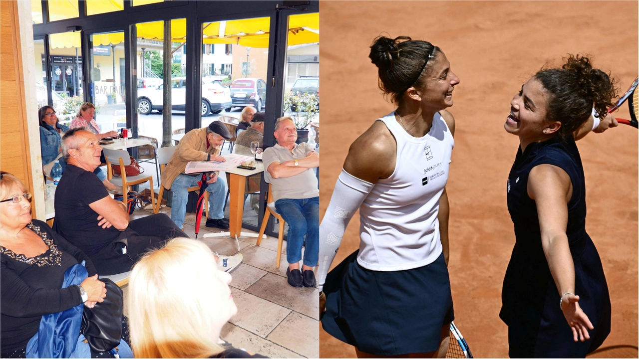 I compaesani di Bagni di Lucca seguono le imprese di Jasmine Paolini al bar Italia. A destra la vittoria con Sara Errani