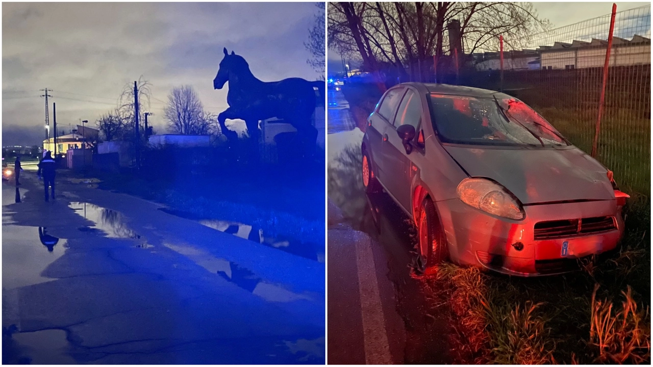 A sinistra i rilievi sul luogo dell'incidente; a destra l'auto coinvolta A sinistra i rilievi sul luogo dell'incidente; a destra l'auto coinvolta