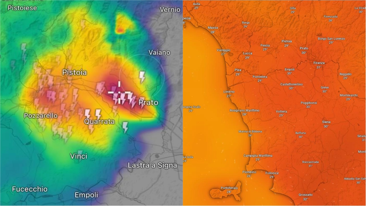 La perturbazione che ha attraversato le province di Prato e Pistoia nella notte tra sabato 14 e domenica 15 giugno. Aumentano le temperature (Foto da Windy.com)