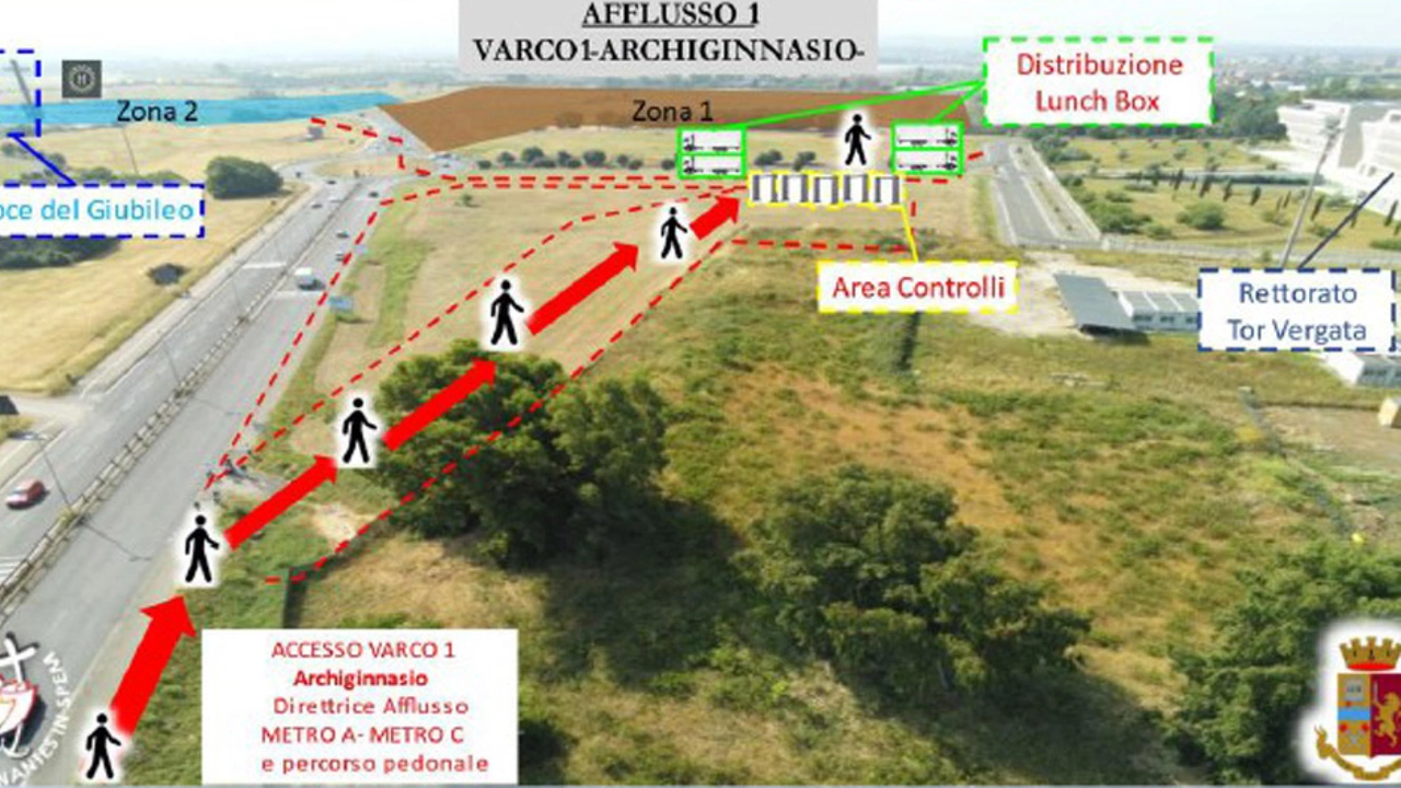 Un rendering del piano di sicurezza. "Il piano di sicurezza a cui dobbiamo puntare è di 500mila giovani, dobbiamo essere tutti arruolati nella stessa direzione perché la collaborazione dei ragazzi e il loro comportamento, tenuto conto che ci sarà una presenza di due giorni all'interno di un'area che normalmente non ospita eventi, sarà assolutamente fondamentale". Così il questore di Roma, Roberto Massucci, al termine del tavolo tecnico a Tor Vergata in occasione del Giubileo dei giovani. La stima di giovani è, quindi, "di mezzo milione. ANSA/UFFICIO STAMPA POLIZIA +++FOTO DIFFUSA DALL'UFFICIO STAMPA - USARE SOLO PER ILLUSTRARE OGGI LA NOTIZIA INDICATA NEL TITOLO - NON ARCHIVIARE - NON VENDERE - NON USARE PER FINI NON GIORNALISTICI - NPK+++ Un rendering del piano di sicurezza. "Il piano di sicurezza a cui dobbiamo puntare è di 500mila giovani, dobbiamo essere tutti arruolati nella stessa direzione perché la collaborazione dei ragazzi e il loro comportamento, tenuto conto che ci sarà una presenza di due giorni all'interno di un'area che normalmente non ospita eventi, sarà assolutamente fondamentale". Così il questore di Roma, Roberto Massucci, al termine del tavolo tecnico a Tor Vergata in occasione del Giubileo dei giovani. La stima di giovani è, quindi, "di mezzo milione. ANSA/UFFICIO STAMPA POLIZIA +++FOTO DIFFUSA DALL'UFFICIO STAMPA - USARE SOLO PER ILLUSTRARE OGGI LA NOTIZIA INDICATA NEL TITOLO - NON ARCHIVIARE - NON VENDERE - NON USARE PER FINI NON GIORNALISTICI - NPK+++