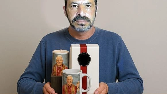 Raffaele Carnevale mostra le candele e le tazze con le immagini di Papa Leone XIV realizzate per gli Stati Uniti Raffaele Carnevale mostra le candele e le tazze con le immagini di Papa Leone XIV realizzate per gli Stati Uniti