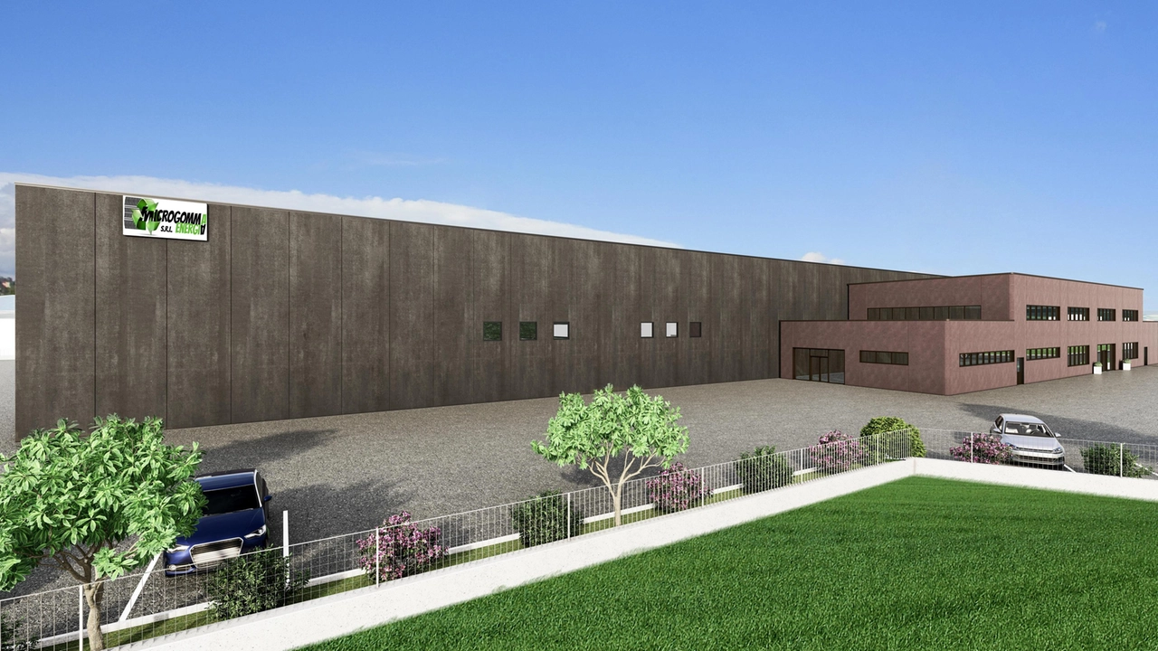 Il rendering del nuovo stabilimento di Microgomma che sorgerà entro fine ’26 al Sentino, a Rapolano Terme Il rendering del nuovo stabilimento di Microgomma che sorgerà entro fine ’26 al Sentino, a Rapolano Terme