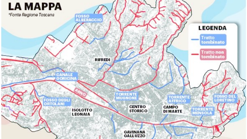 La mappa che mostra una parte dei corsi d'acqua tombinati a Firenze La mappa che mostra una parte dei corsi d'acqua tombinati a Firenze