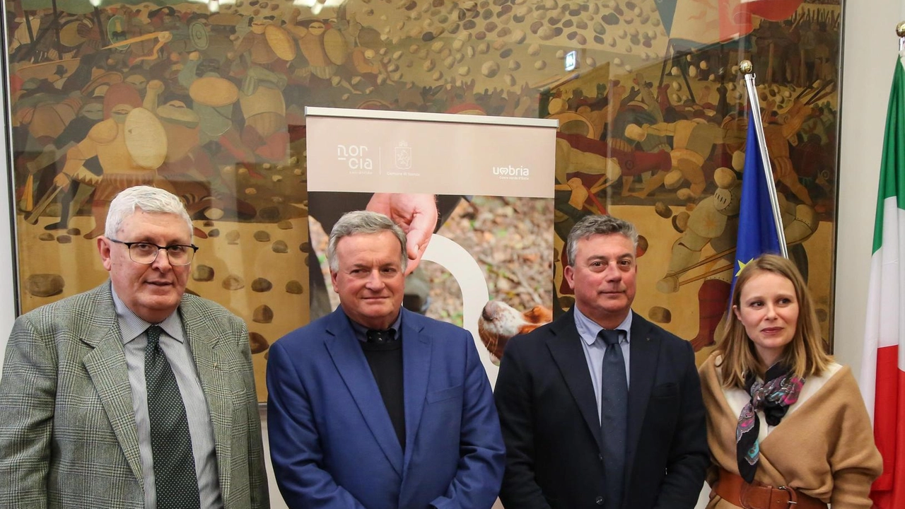 Da sinistra: Massimo Boccucci, Pietro Bellini, Giuliano Boccanera e Maria Anna Stella durante la presentazione di “Nero Norcia“ alla sala Fiume di Palazzo Donini Da sinistra: Massimo Boccucci, Pietro Bellini, Giuliano Boccanera e Maria Anna Stella durante la presentazione di “Nero Norcia“ alla sala Fiume di Palazzo Donini