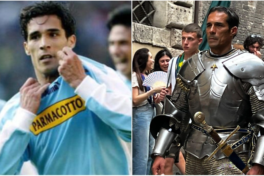 Bernardo Corradi in maglia Lazio e durante la sfilata con il Bruco al Palio 2024