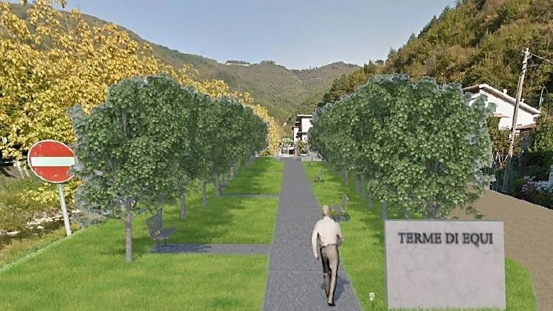 Il rendering del progetto di riqualificazione dell’ingresso alle Terme di Equi Il rendering del progetto di riqualificazione dell’ingresso alle Terme di Equi