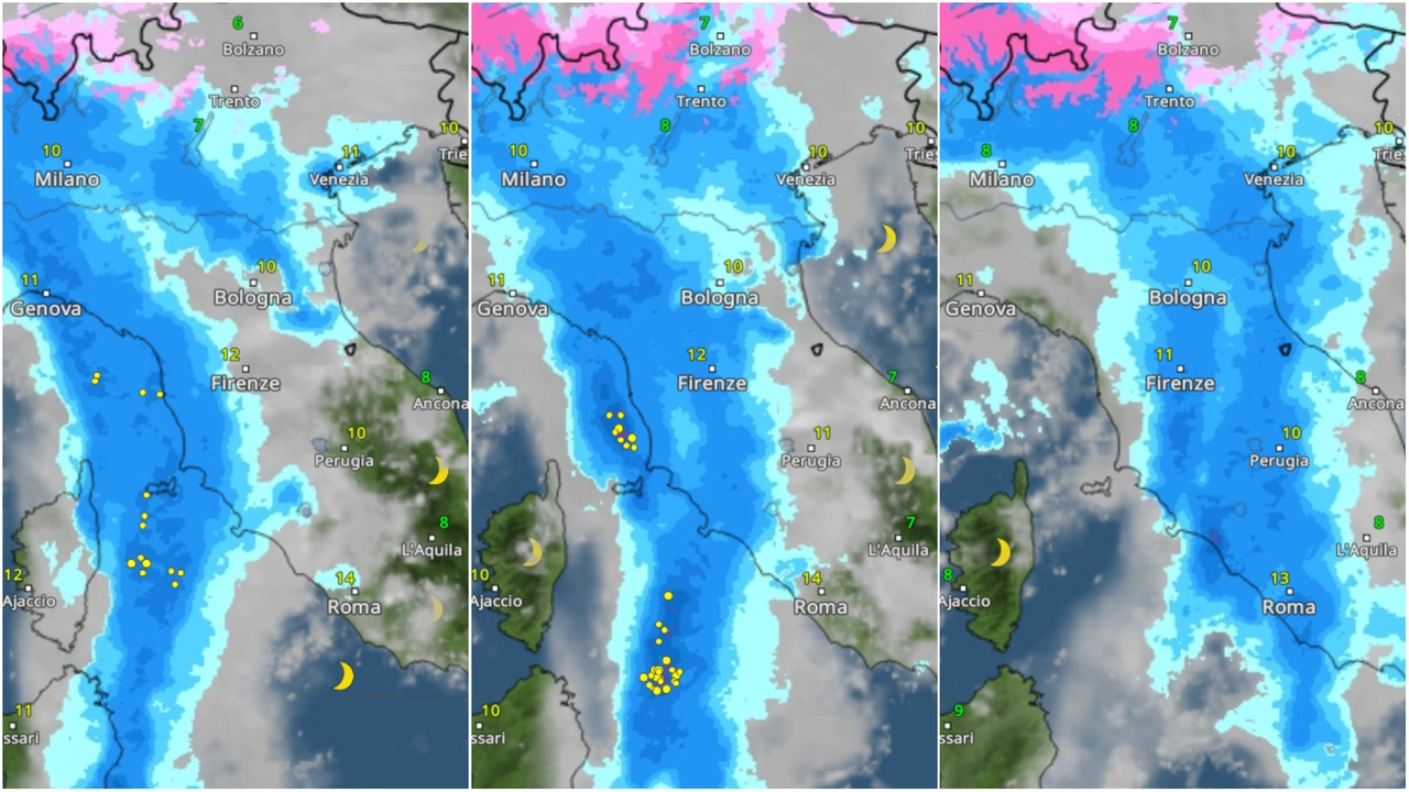 L'ondata di perturbazione che attraversa la Toscana nella notte tra domenica 9 e lunedì 10 marzo (Modello Meteo&Radar)