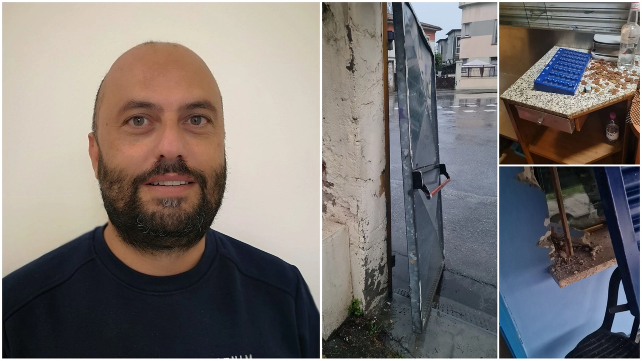 Massimiliano Romano e, a destra, i danni dei ladri-vandali
