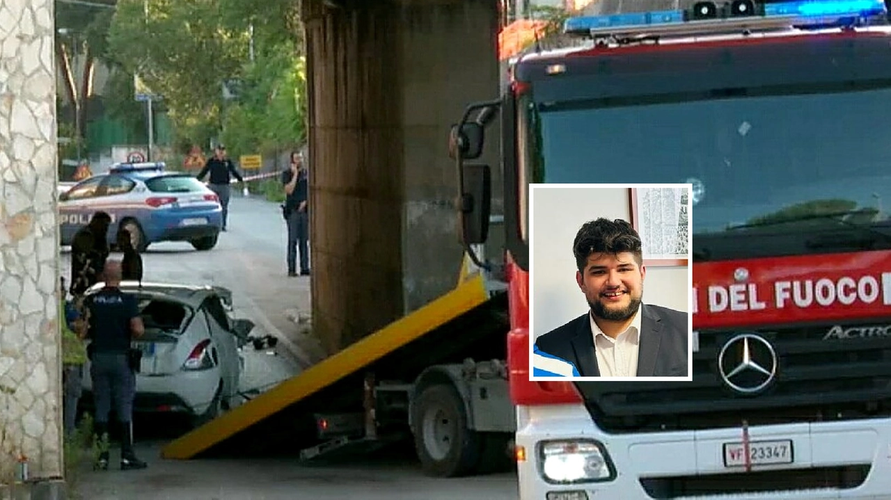 L’auto distrutta e nel riquadro Michele Tarli L’auto distrutta e nel riquadro Michele Tarli