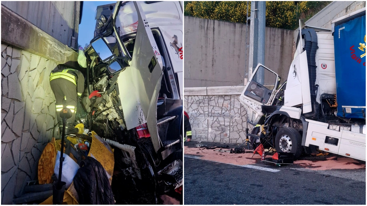 Il camion distrutto nell'incidente in A1 e l'intervento dei vigili del fuoco Il camion distrutto nell'incidente in A1 e l'intervento dei vigili del fuoco