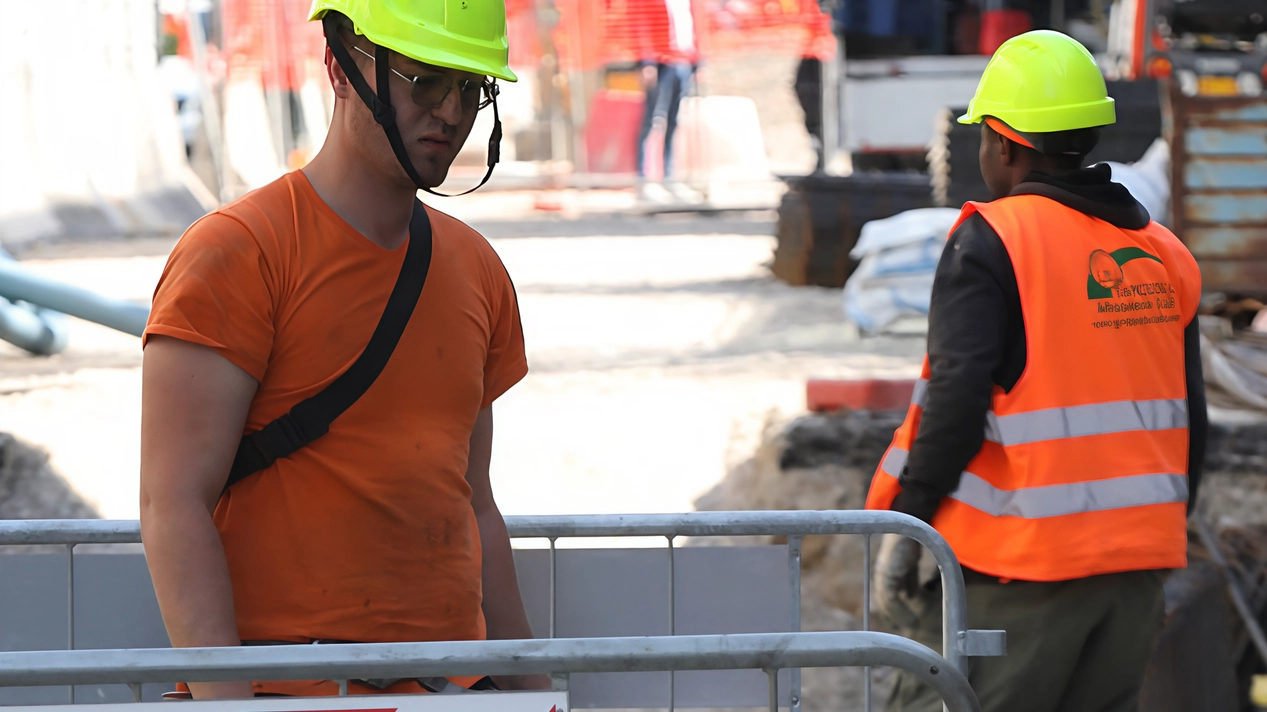 Operai al lavoro in un cantiere della nuova tramvia verso Bagno a Ripoli