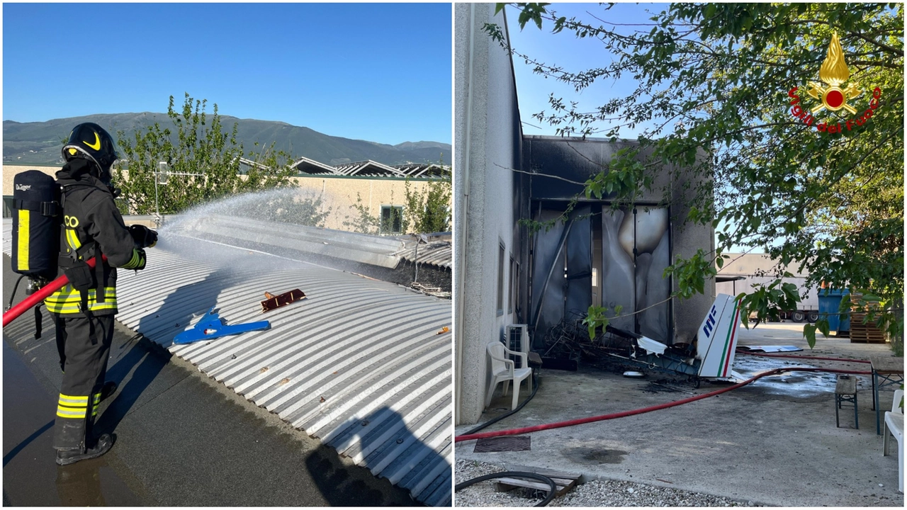 A sinistra i vigili del fuoco al lavoro sull'incendio; a destra il velivolo precipitato (foto Vigili del Fuoco) A sinistra i vigili del fuoco al lavoro sull'incendio; a destra il velivolo precipitato (foto Vigili del Fuoco)