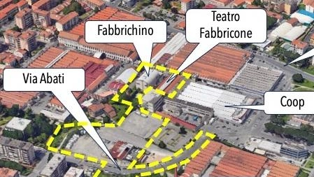 L’area da piazza del Mercato Nuovo e dal Bisenzio dove attualmente ci sono il Fabbricone e il Fabbrichino che verrà riqualificato oltre a un parco verde da 12mila metri quadrati L’area da piazza del Mercato Nuovo e dal Bisenzio dove attualmente ci sono il Fabbricone e il Fabbrichino che verrà riqualificato oltre a un parco verde da 12mila metri quadrati