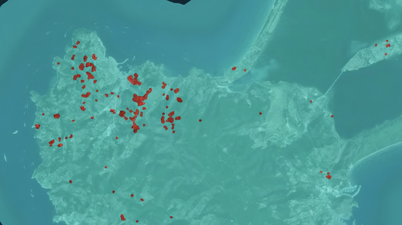 L’area interessata dall’infestazione della Xyllela, i punti rossi sono le zone di maggiore concentrazione che hanno portato ad ampliare l’area L’area interessata dall’infestazione della Xyllela, i punti rossi sono le zone di maggiore concentrazione che hanno portato ad ampliare l’area