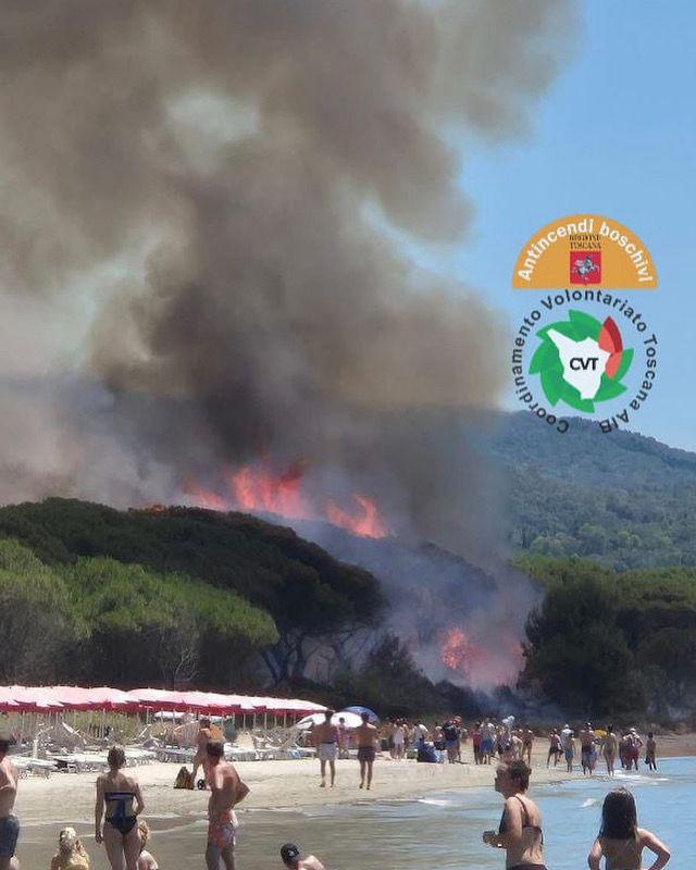 Vasto incendio in pineta dietro alla spiaggia: elicotteri in azione Vasto incendio in pineta dietro alla spiaggia: elicotteri in azione
