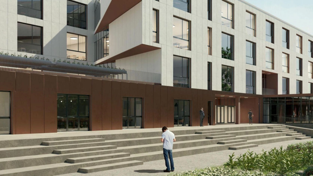 Il render del polo scolastico delle superiori che nascerà al posto dell’attuale liceo artistico «Stagi». L’intervento della Provincia costerà oltre 19 milioni