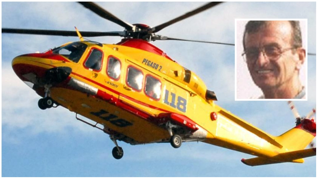 Un elicottero Pegaso. L'imprenditore (nel riquadro) è stato trasferito in codice rosso all'ospedale di Cisanello ma non ce l'ha fatta Un elicottero Pegaso. L'imprenditore (nel riquadro) è stato trasferito in codice rosso all'ospedale di Cisanello ma non ce l'ha fatta