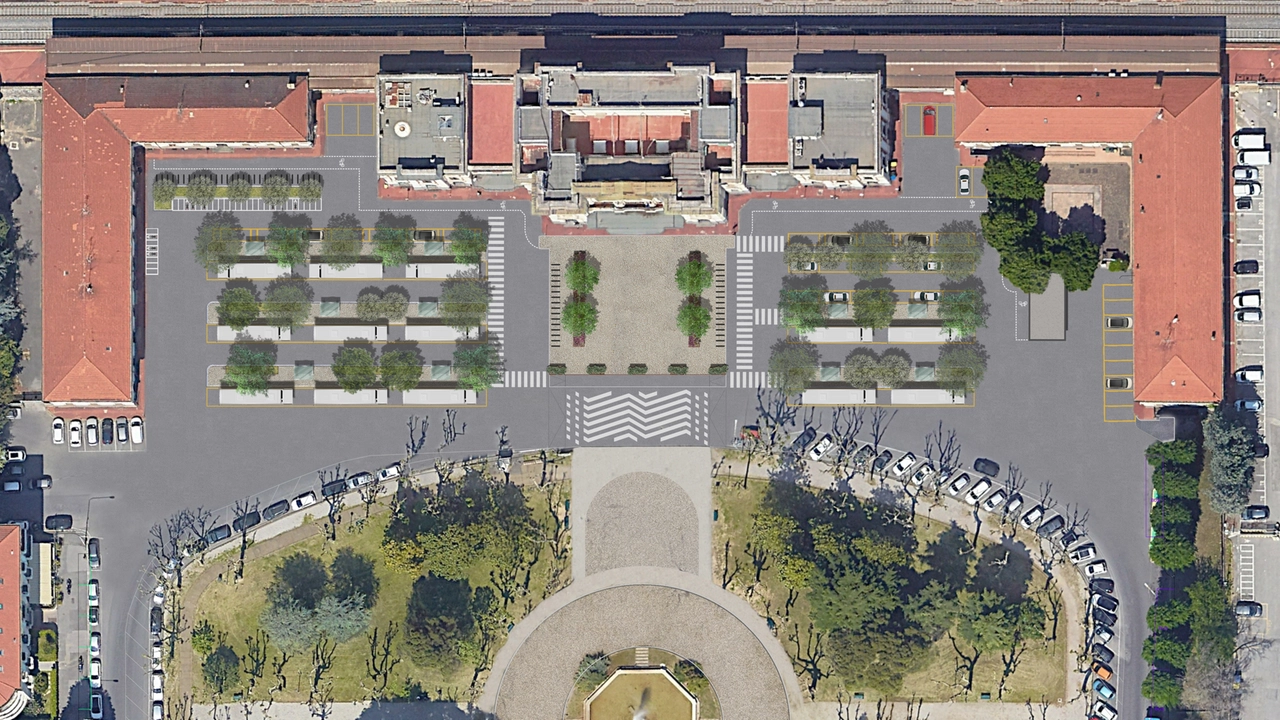 Il nuovo volto della Stazione centrale nel rendering che mostra la riorganizzazione della sosta degli autobus, dei parcheggi e una nuova piazza d’ingresso