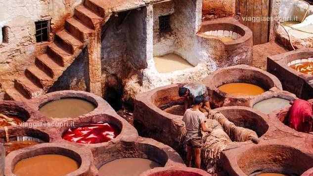 Le tintorie all’aperto di Fes in Marocco, in particolare quelle del quartiere Chouara, sono famose in tutto il mondo Le tintorie all’aperto di Fes in Marocco, in particolare quelle del quartiere Chouara, sono famose in tutto il mondo