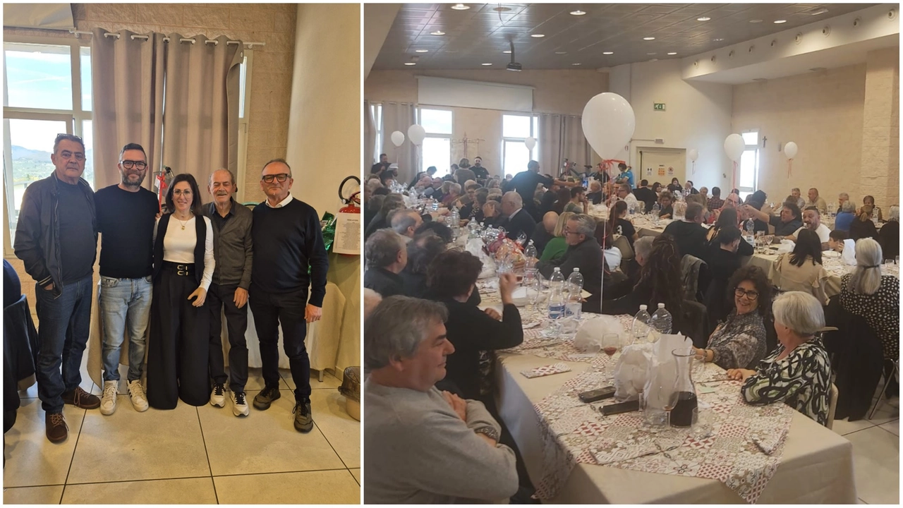 A sinistra la famiglia Bacciottini con Virginia; a destra il pranzo alla Misericordia di Oste