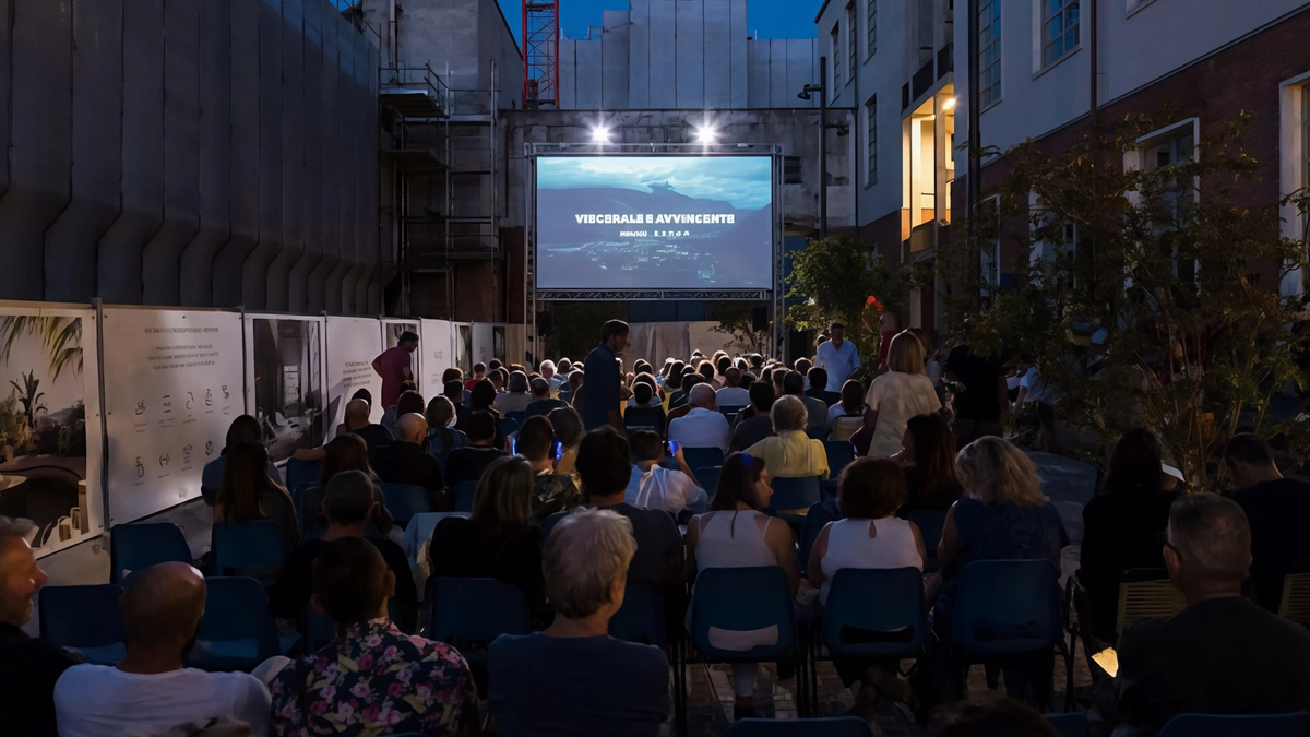 Lo schermo del cinema all’aperto nel cortile della Ciminiera negli spazi estivi della Manifattura Tabacchi Lo schermo del cinema all’aperto nel cortile della Ciminiera negli spazi estivi della Manifattura Tabacchi